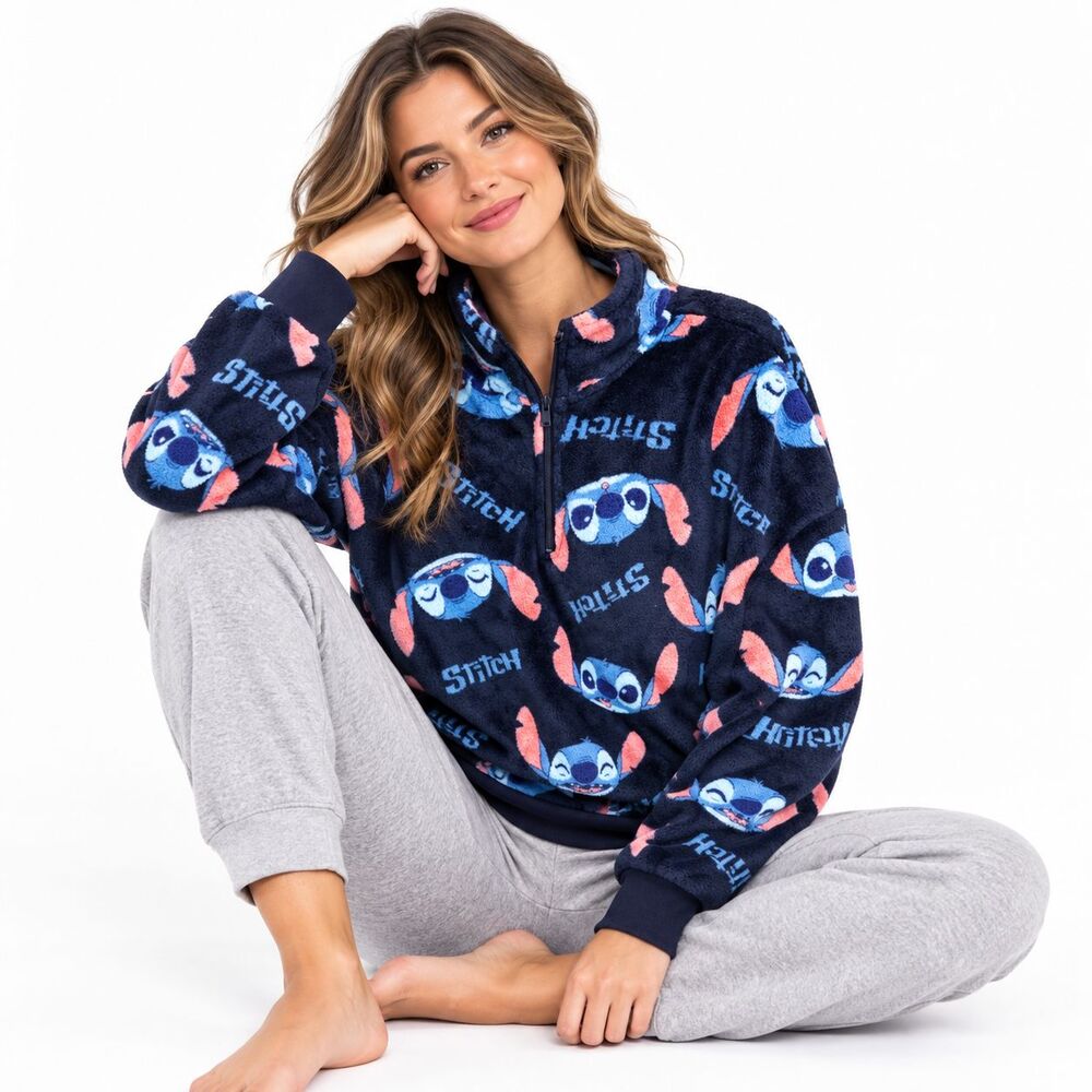 Disney Stitch Womens L Navy Plush Fleece Pullover Quarter Zip Pajama Lounge Top
